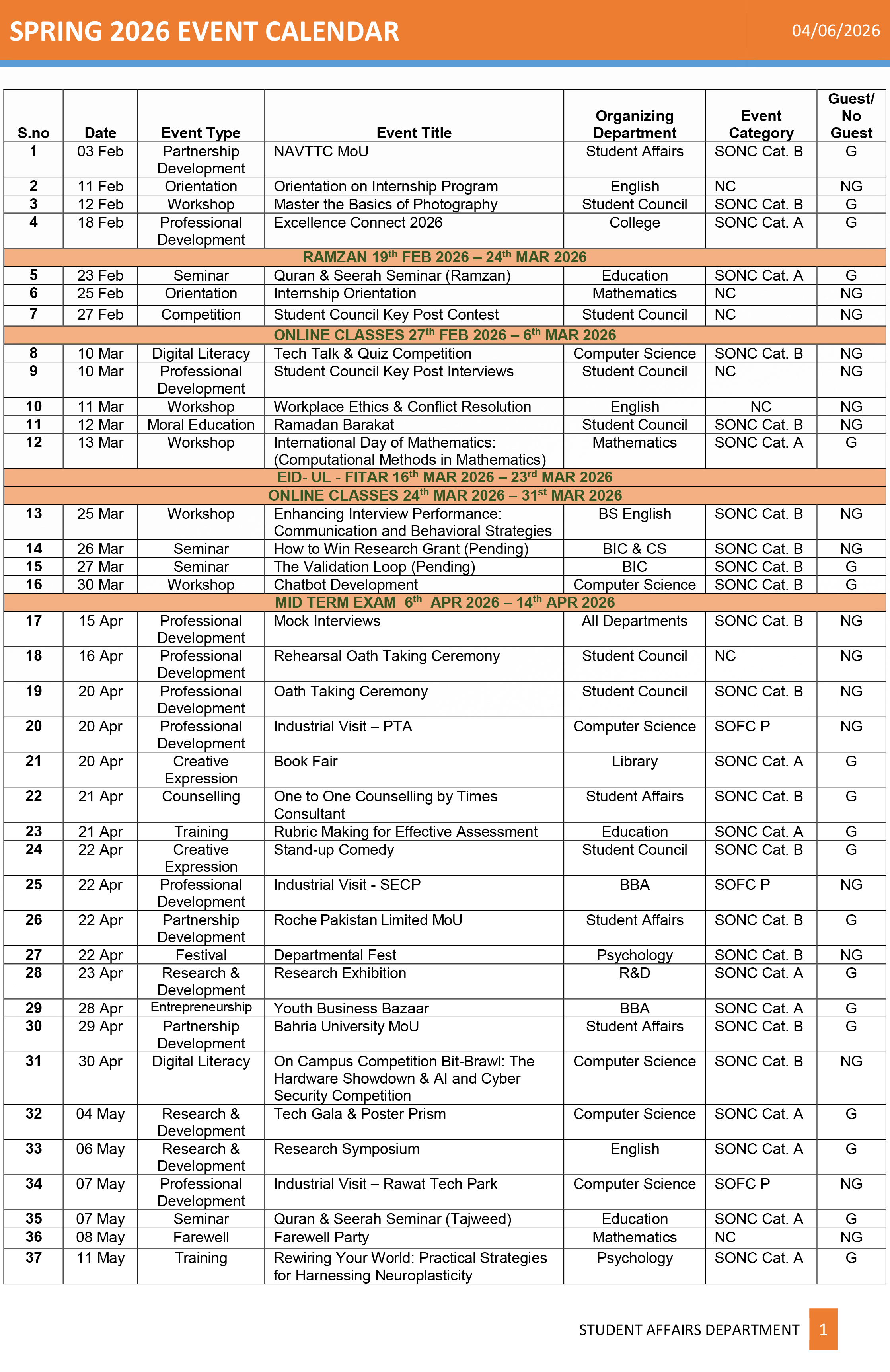 Calendar Spring 2026